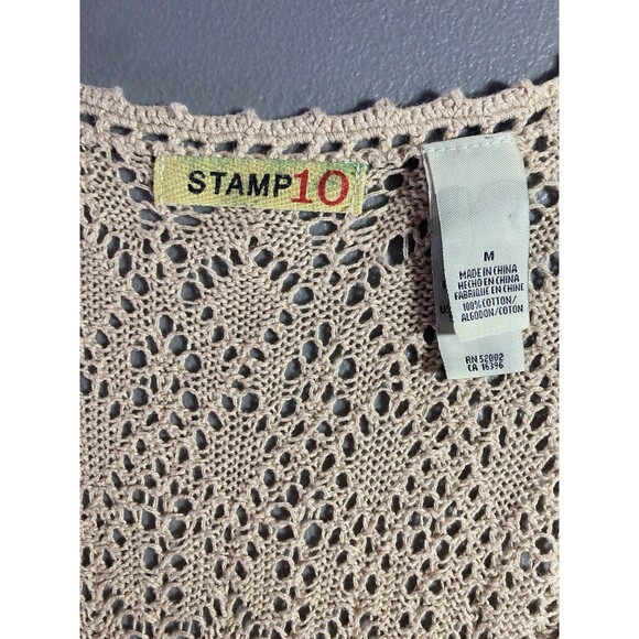 STAMP 10 Sweater Open Crochet V-Neck Boho Cottagecore Hippie Top Womens M Beige - Picture 3 of 5
